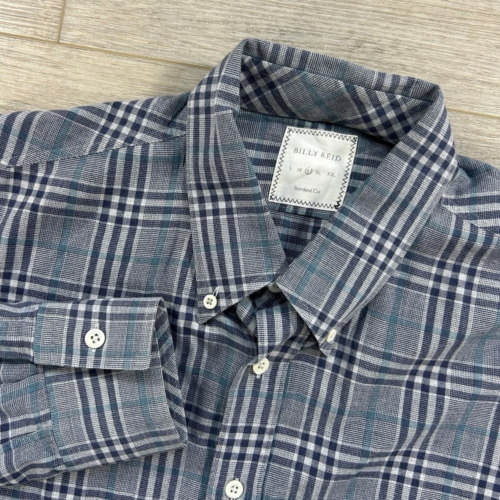 Billy Reid Large Standard Cut Mens Button Down Shirt Plaid Blue Gray LS
